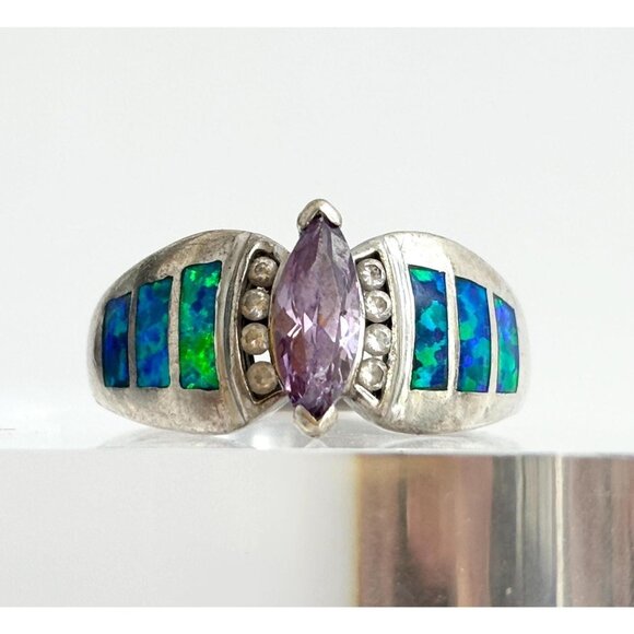 Amethyst Marquise Cut & Abalone Inlaid Sterling Silver Vintage Ring - sz 8 - Picture 1 of 10